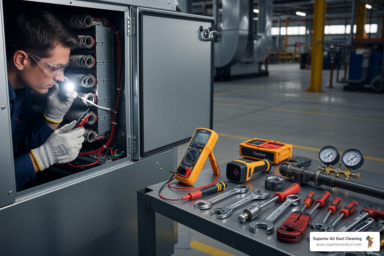 A skilled technician carefully inspecting an industrial HVAC unit, focusing on the coils and internal components, with various tools laid out nearby - industrial duct cleaning monaca pa