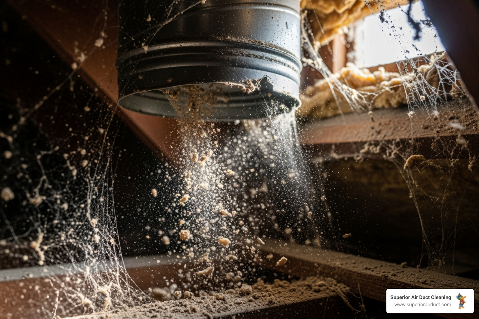 Dust and contaminants being pulled into a leaky duct from an attic space - duct leak sealing poland oh Dust and contaminants being pulled into a leaky duct from an attic space - duct leak sealing poland oh