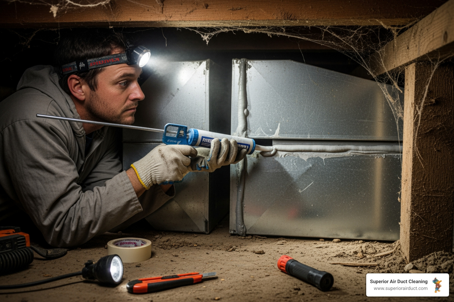 A technician carefully applying mastic sealant to a duct joint in a crawlspace - duct sealing rochester pa A technician carefully applying mastic sealant to a duct joint in a crawlspace - duct sealing rochester pa