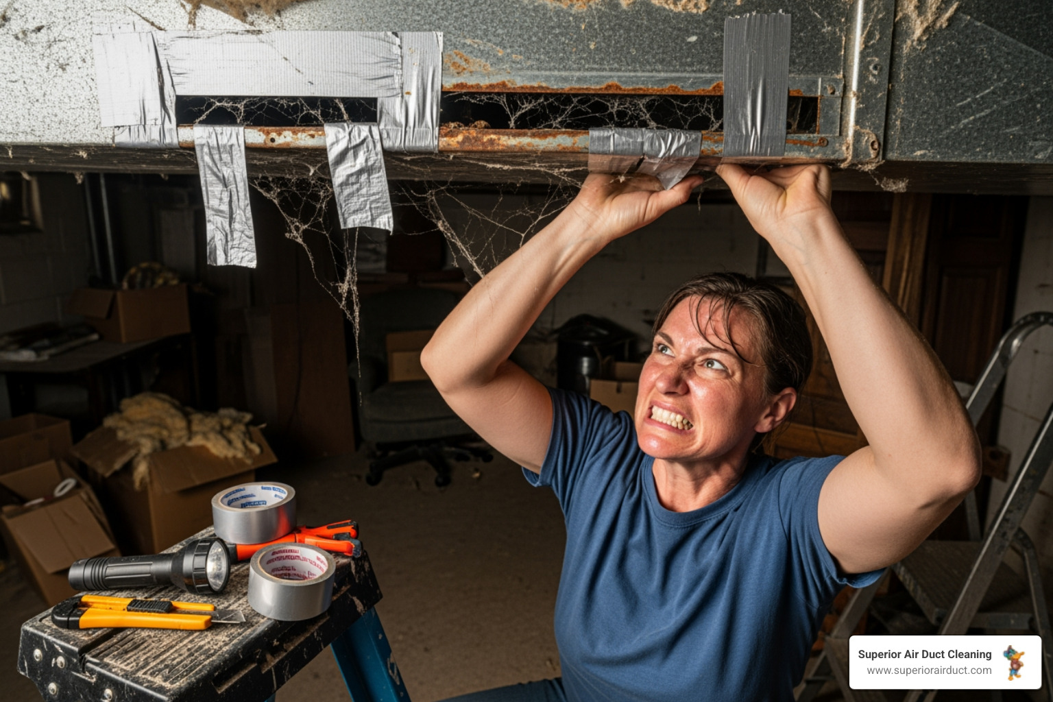 A homeowner attempting to seal ducts with standard duct tape, highlighting the difficulty and ineffectiveness of DIY methods - duct sealing rochester pa A homeowner attempting to seal ducts with standard duct tape, highlighting the difficulty and ineffectiveness of DIY methods - duct sealing rochester pa