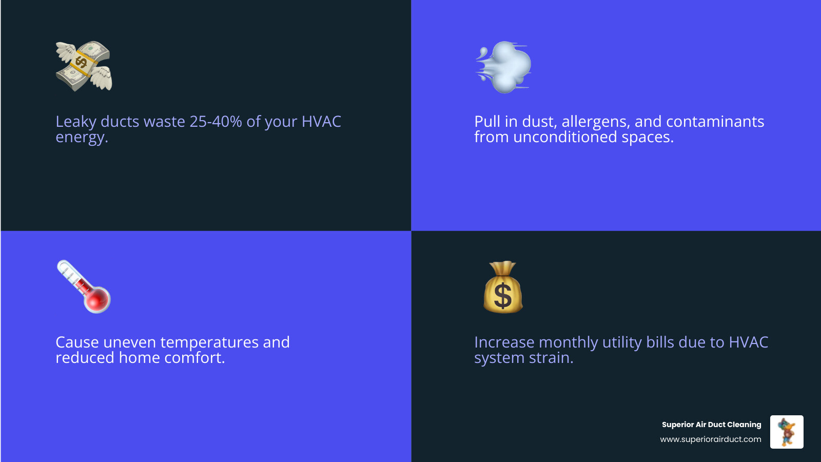 Infographic showing a cross-section of a home with ductwork in the attic and crawlspace, with arrows indicating how leaky ducts waste 20-40% of energy and pull in dirty air from unconditioned spaces, alongside icons showing the benefits of sealing: lower bills, cleaner air, and even temperatures - duct sealing rochester pa infographic 4_facts_emoji_blue Infographic showing a cross-section of a home with ductwork in the attic and crawlspace, with arrows indicating how leaky ducts waste 20-40% of energy and pull in dirty air from unconditioned spaces, alongside icons showing the benefits of sealing: lower bills, cleaner air, and even temperatures - duct sealing rochester pa infographic 4_facts_emoji_blue