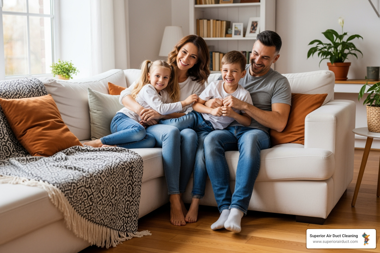 A happy family relaxing comfortably in their living room - duct sealing rochester pa A happy family relaxing comfortably in their living room - duct sealing rochester pa