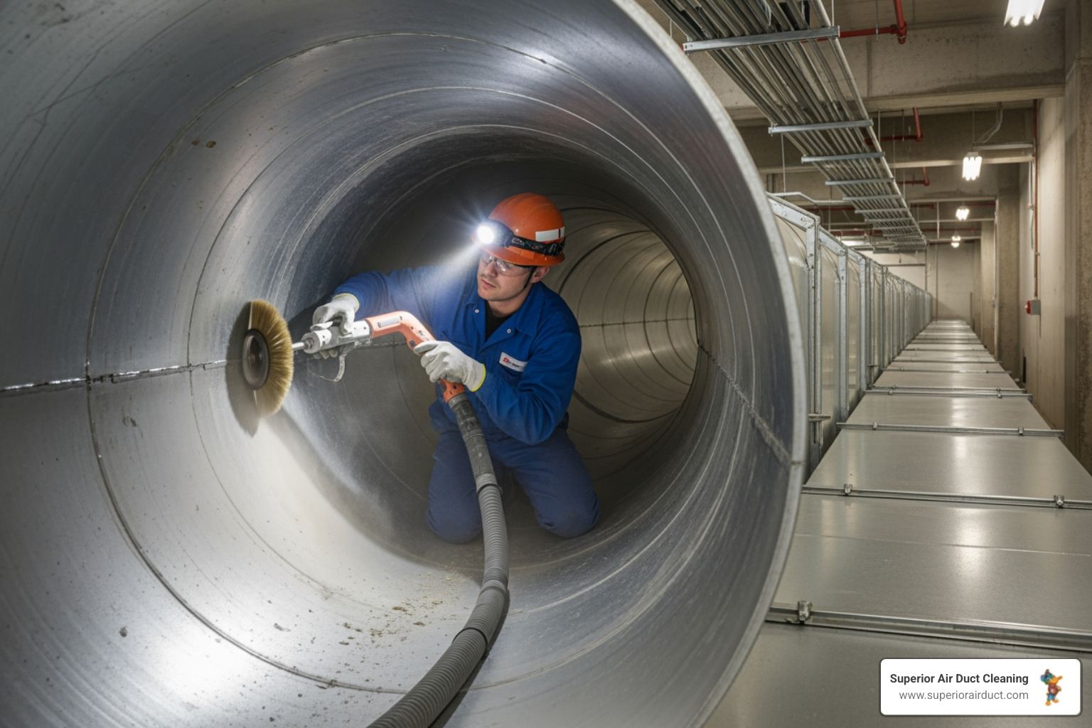 technician using a rotary brush inside a large commercial duct - office duct cleaning poland oh technician using a rotary brush inside a large commercial duct - office duct cleaning poland oh