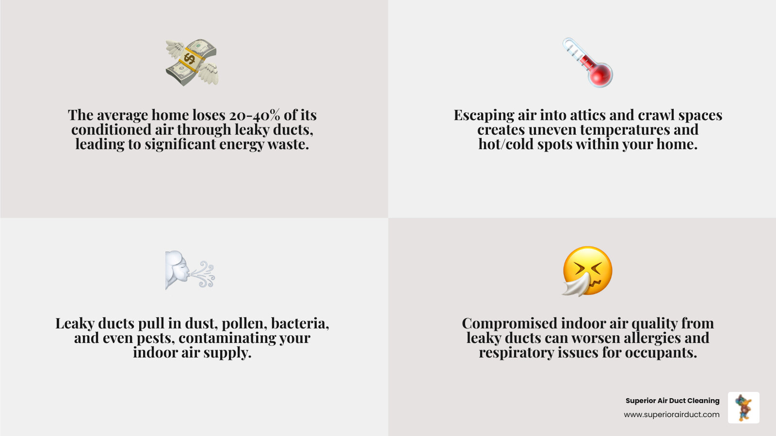 Infographic showing how conditioned air escapes through leaky duct joints into an attic and crawlspace, with arrows indicating air loss and percentage of energy waste, highlighting the problem areas in a typical home's duct system - duct sealing youngstown oh infographic 4_facts_emoji_grey Infographic showing how conditioned air escapes through leaky duct joints into an attic and crawlspace, with arrows indicating air loss and percentage of energy waste, highlighting the problem areas in a typical home's duct system - duct sealing youngstown oh infographic 4_facts_emoji_grey