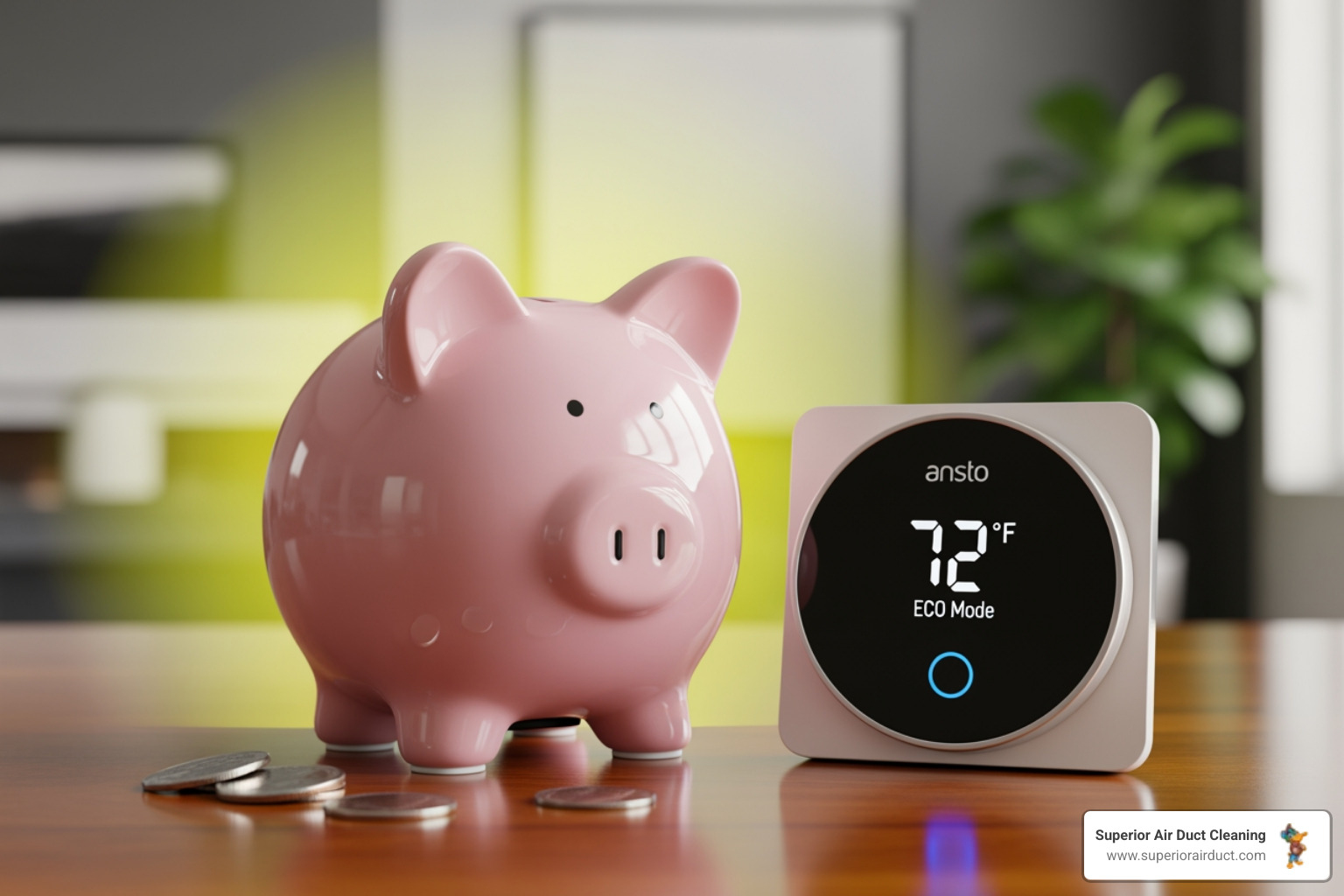 A piggy bank next to a home thermostat, symbolizing energy savings and reduced utility costs - duct sealing youngstown oh A piggy bank next to a home thermostat, symbolizing energy savings and reduced utility costs - duct sealing youngstown oh