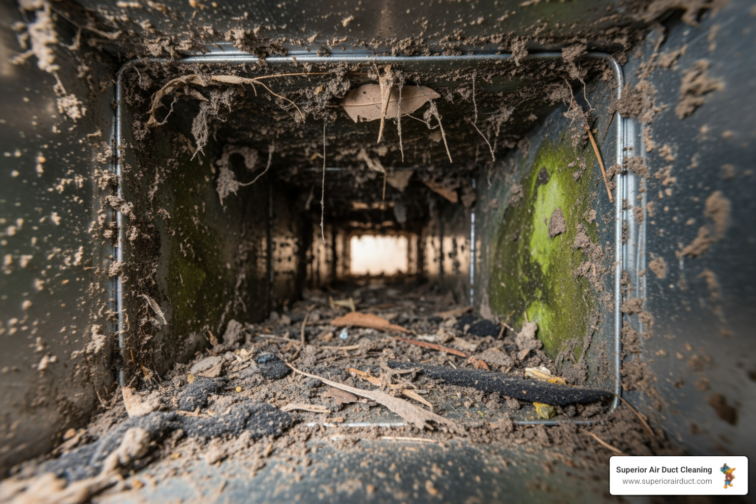 dirty air duct interior showing significant dust and debris buildup - air duct cleaning rochester pa
