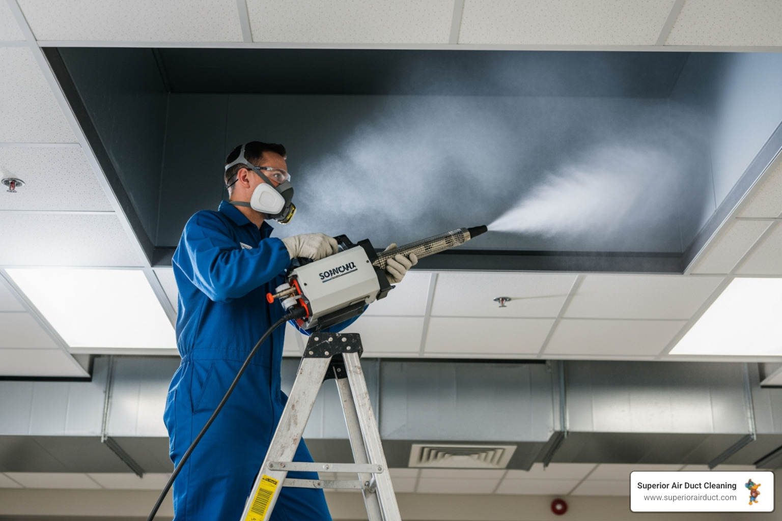 uniformed technician safely applying a disinfectant fog into an air duct system - air duct disinfection beaver falls pa uniformed technician safely applying a disinfectant fog into an air duct system - air duct disinfection beaver falls pa