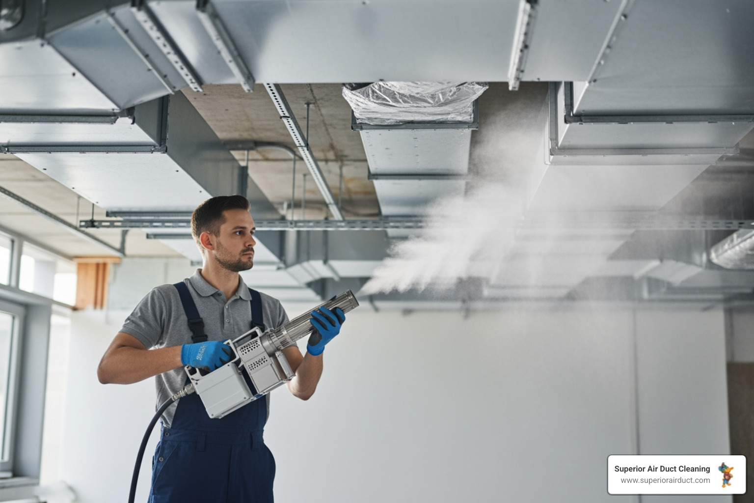 a technician using a fogger in a duct system - air duct sanitization monaca pa a technician using a fogger in a duct system - air duct sanitization monaca pa