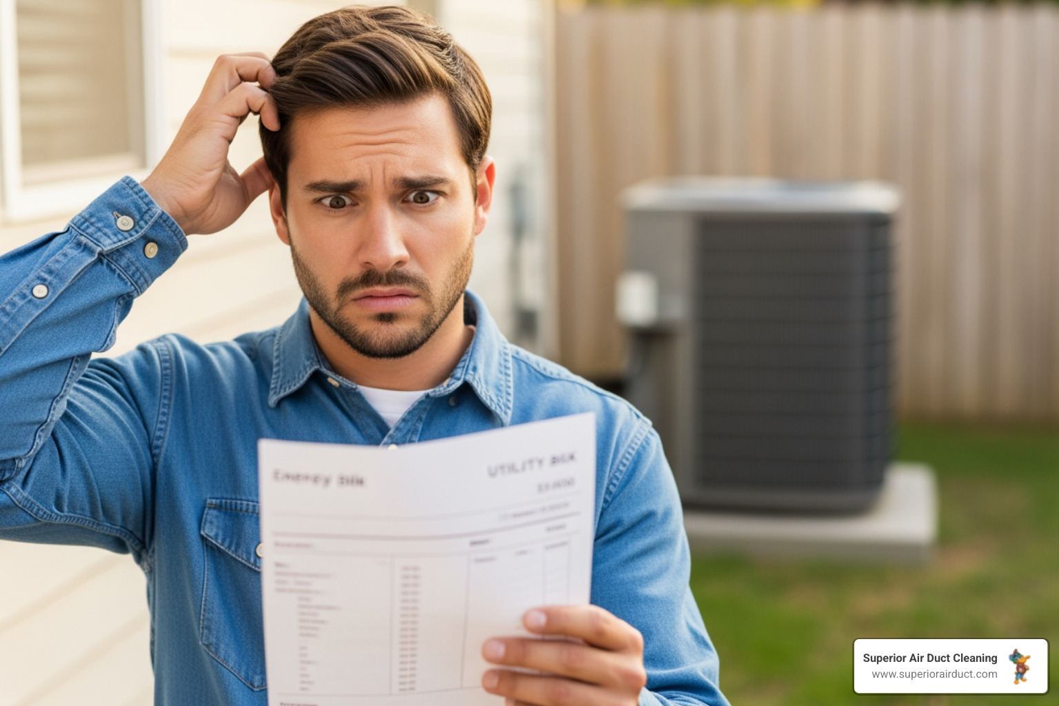 A confused homeowner looks at a high utility bill, scratching their head, with an HVAC unit faintly visible in the background - ductwork sealing aliquippa pa A confused homeowner looks at a high utility bill, scratching their head, with an HVAC unit faintly visible in the background - ductwork sealing aliquippa pa