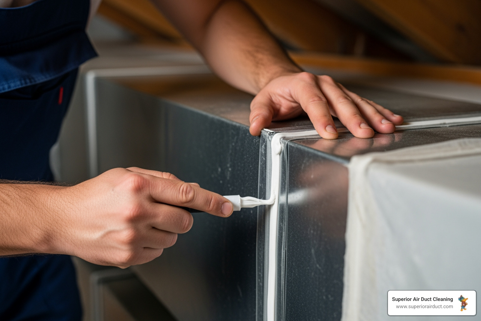 A skilled technician carefully applies mastic sealant to a duct joint, ensuring a tight and durable seal - ductwork sealing aliquippa pa A skilled technician carefully applies mastic sealant to a duct joint, ensuring a tight and durable seal - ductwork sealing aliquippa pa