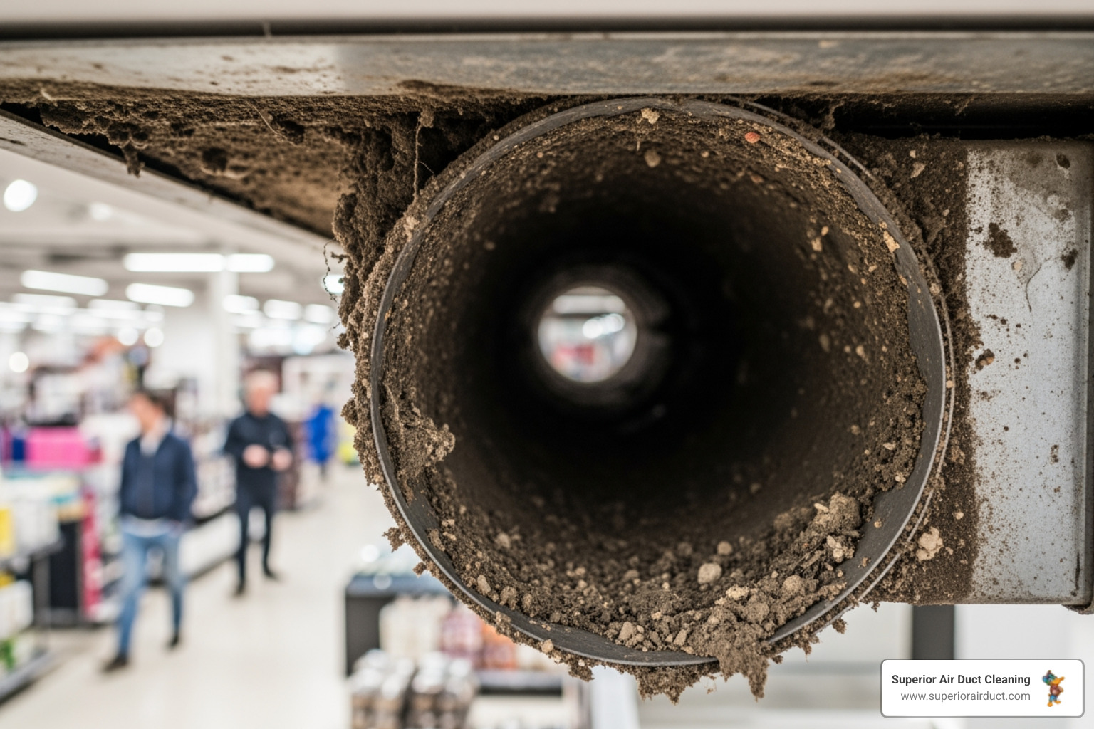 infographic showing how dust, allergens, mold spores, and debris accumulate in commercial HVAC ductwork and recirculate through retail spaces, affecting air quality for customers and staff, with arrows indicating contamination flow through supply and return ducts - retail duct cleaning pittsburgh pa