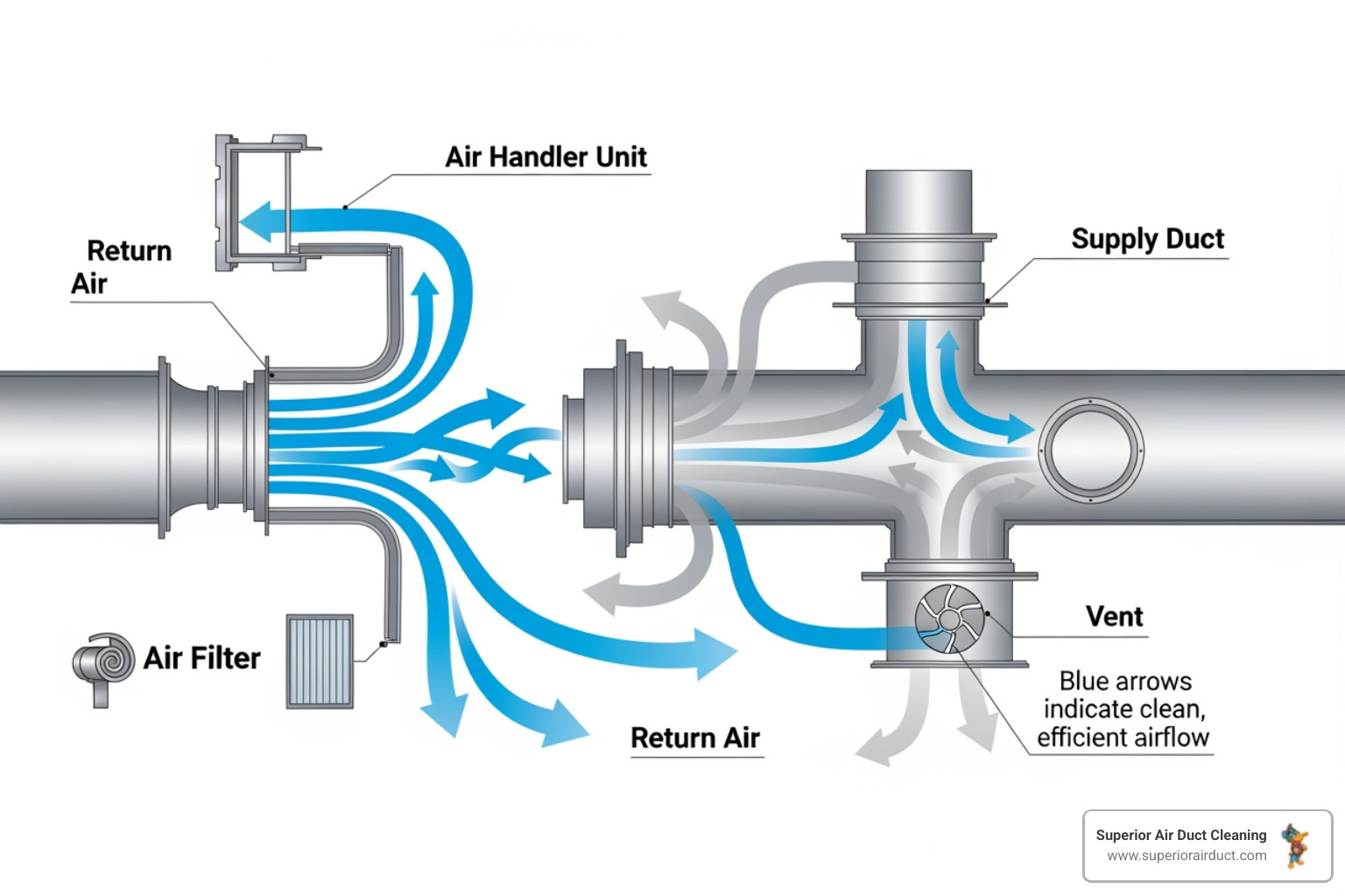 HVAC system diagram showing improved airflow after cleaning - retail duct cleaning pittsburgh pa