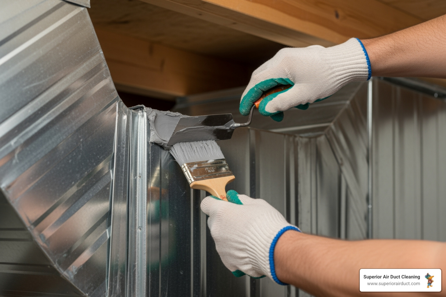 technician applying mastic sealant to a duct joint - leaky duct repair monaca pa