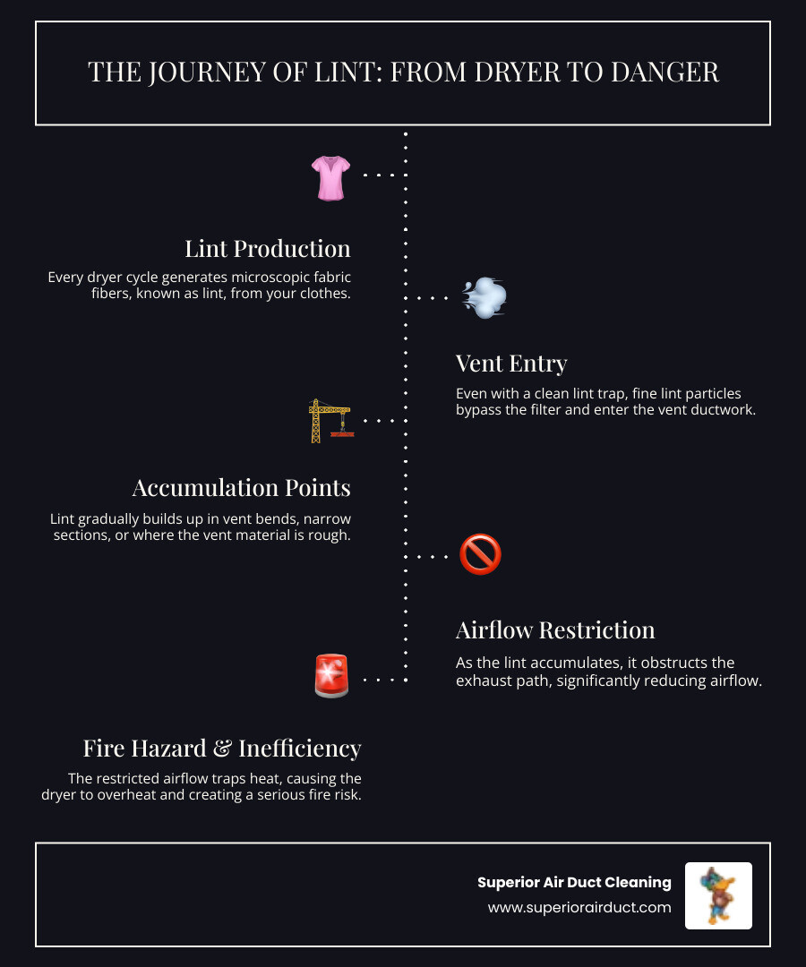 Infographic showing how lint travels from the dryer drum through the lint trap, into the vent ductwork, and accumulates at bends and the exterior vent, with callouts indicating common blockage points and fire risk zones - best dryer vent cleaning in penn hills, pa infographic infographic-line-5-steps-dark Infographic showing how lint travels from the dryer drum through the lint trap, into the vent ductwork, and accumulates at bends and the exterior vent, with callouts indicating common blockage points and fire risk zones - best dryer vent cleaning in penn hills, pa infographic infographic-line-5-steps-dark