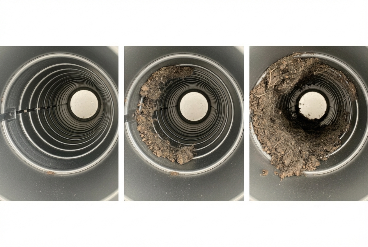 Infographic showing the progression of lint buildup in a dryer vent system over time, from clean vent to partially clogged to severely blocked, with corresponding fire risk levels and efficiency impacts at each stage - dryer vent cleaning youngstown oh