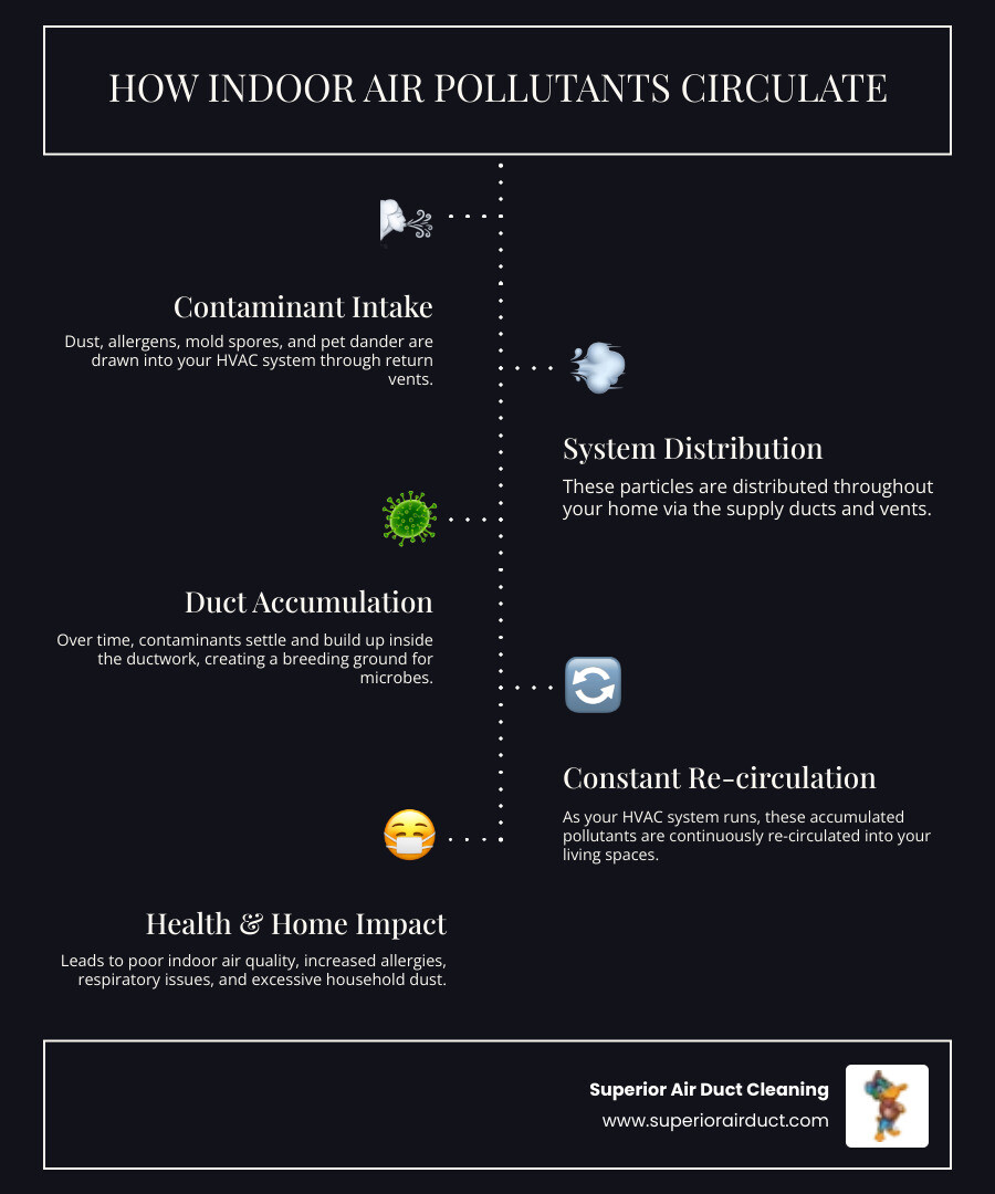 infographic showing how dust, allergens, pet dander, mold spores, and bacteria circulate through a home's HVAC ductwork system and accumulate over time, with arrows indicating airflow from supply vents through living spaces to return vents - residential duct cleaning youngstown oh infographic infographic-line-5-steps-dark
