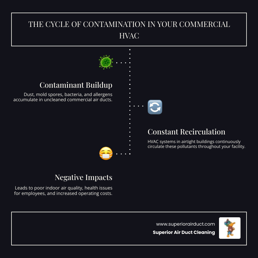 infographic showing how contaminants like dust, mold, bacteria, and allergens circulate through a commercial HVAC system, with arrows depicting airflow from contaminated ducts through vents into office spaces and back through return air, highlighting the recycling of polluted air in airtight buildings - best commercial duct cleaning in pittsburgh, pa infographic infographic-line-3-steps-dark infographic showing how contaminants like dust, mold, bacteria, and allergens circulate through a commercial HVAC system, with arrows depicting airflow from contaminated ducts through vents into office spaces and back through return air, highlighting the recycling of polluted air in airtight buildings - best commercial duct cleaning in pittsburgh, pa infographic infographic-line-3-steps-dark
