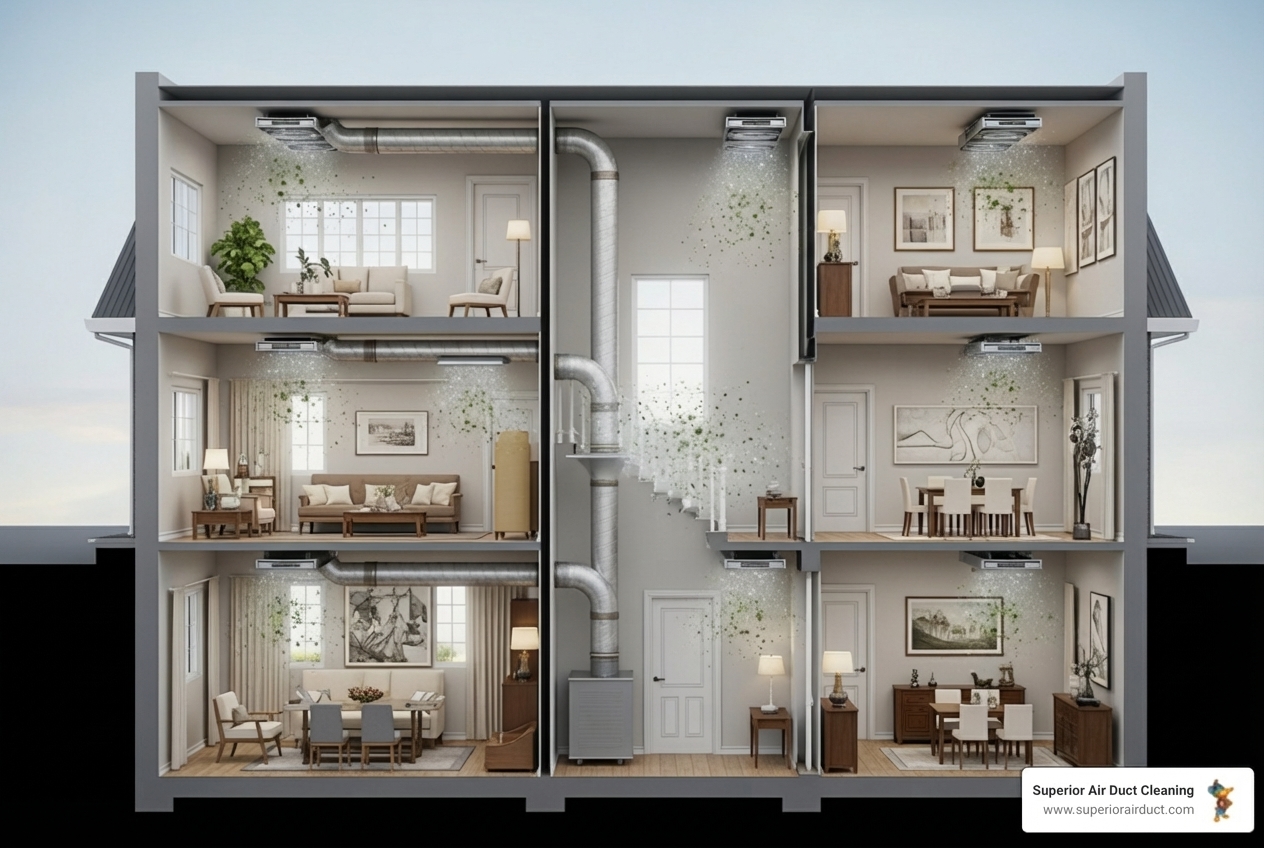 infographic showing how dust, pollen, pet dander, mold spores, and bacteria travel through a home's HVAC system from dirty air ducts into living spaces, with arrows indicating circulation paths and icons representing common contaminants - best residential duct cleaning in youngstown, oh infographic showing how dust, pollen, pet dander, mold spores, and bacteria travel through a home's HVAC system from dirty air ducts into living spaces, with arrows indicating circulation paths and icons representing common contaminants - best residential duct cleaning in youngstown, oh