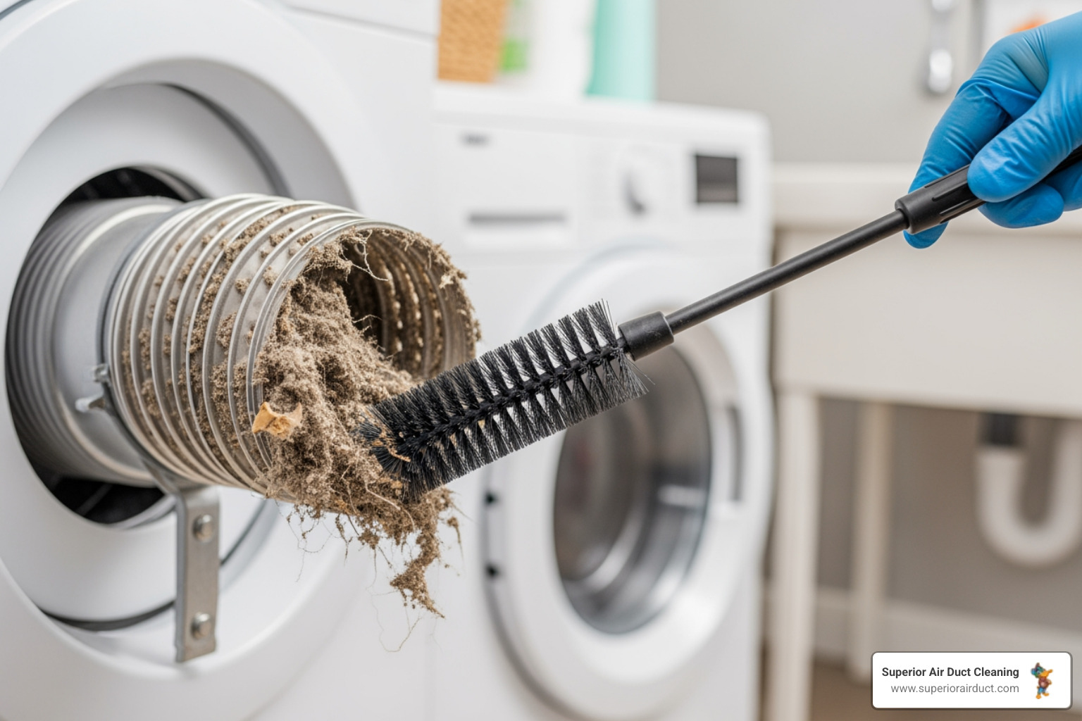 Infographic comparing fire risk between clogged dryer vent with flames and lint buildup versus clean dryer vent with clear airflow and no debris, showing statistics that 15,500 home fires per year are caused by dirty dryer vents, with key warning signs listed including longer drying times, burning smell, and hot dryer exterior - dryer vent cleaning petersburg pa