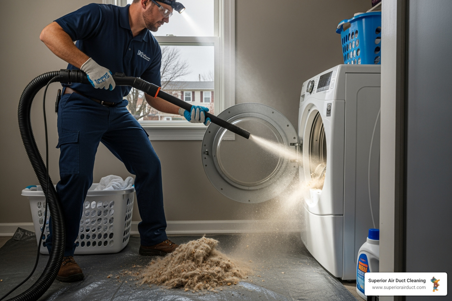 Infographic showing the dangers of clogged dryer vents including fire risk from lint buildup, increased energy costs, longer drying times, potential carbon monoxide exposure, and reduced appliance lifespan, with visual indicators of a clean versus clogged vent system - best dryer vent cleaning in petersburg, pa