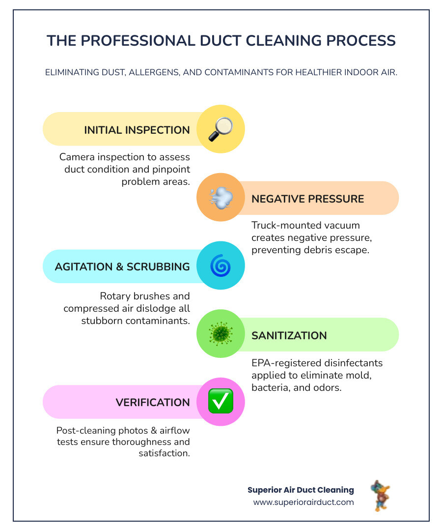 Infographic showing the complete air duct cleaning process: inspection and assessment with camera equipment, negative pressure containment setup with truck-mounted vacuum, mechanical agitation using rotary brushes and compressed air tools, EPA-registered sanitization application, post-service verification with airflow testing and photo documentation, highlighting removal of dust mites, pollen, mold spores, pet dander, and construction debris - duct cleaning system contractor in cranberry township, pa infographic infographic-line-5-steps-colors