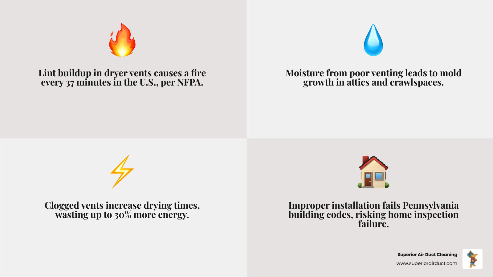 Infographic showing the 5 key risks of improper dryer vent installation: lint fire hazard buildup in duct walls, moisture damage and mold growth in attics and crawlspaces, longer drying times and wasted energy, structural damage from trapped heat and humidity, and failure to meet Pennsylvania residential building codes - with icons and a color-coded severity scale for each risk - dryer vent cleaning installation in beaver county, pa infographic 4_facts_emoji_grey Infographic showing the 5 key risks of improper dryer vent installation: lint fire hazard buildup in duct walls, moisture damage and mold growth in attics and crawlspaces, longer drying times and wasted energy, structural damage from trapped heat and humidity, and failure to meet Pennsylvania residential building codes - with icons and a color-coded severity scale for each risk - dryer vent cleaning installation in beaver county, pa infographic 4_facts_emoji_grey
