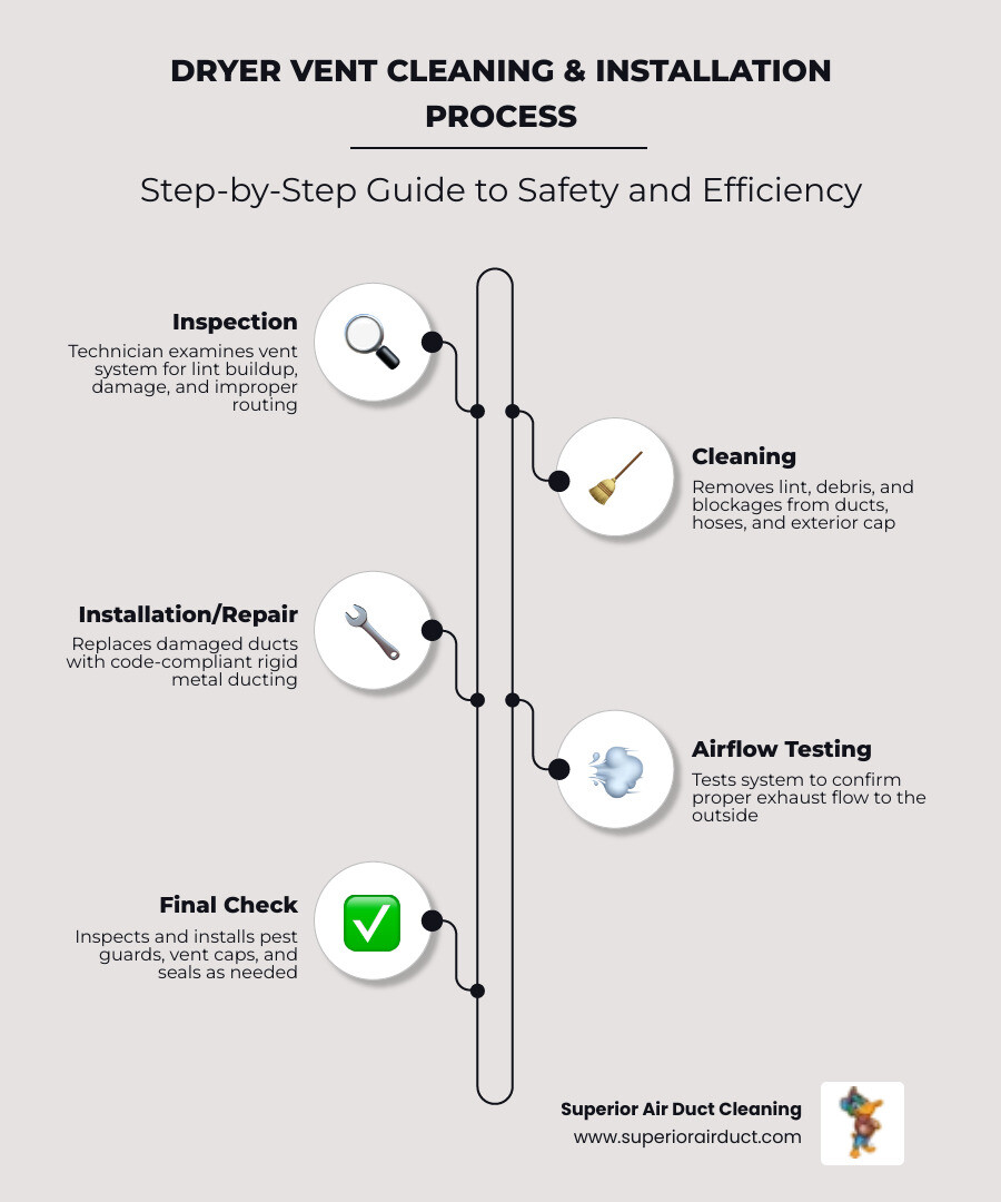 Infographic showing the step-by-step dryer vent cleaning and installation process in Monroeville PA, including lint buildup dangers, warning signs of a clogged vent, the professional service process from inspection to airflow testing, and the key safety benefits including fire prevention, carbon monoxide safety, and improved dryer efficiency - dryer vent cleaning installation in monroeville, pa infographic infographic-line-5-steps-elegant_beige Infographic showing the step-by-step dryer vent cleaning and installation process in Monroeville PA, including lint buildup dangers, warning signs of a clogged vent, the professional service process from inspection to airflow testing, and the key safety benefits including fire prevention, carbon monoxide safety, and improved dryer efficiency - dryer vent cleaning installation in monroeville, pa infographic infographic-line-5-steps-elegant_beige