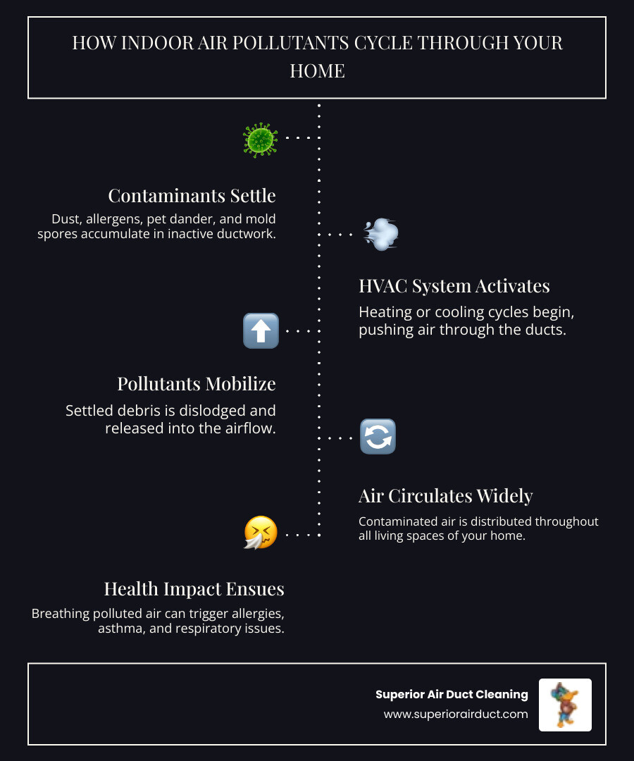 Infographic showing how dust, allergens, pet dander, and mold spores accumulate in HVAC ductwork and circulate throughout a Beaver County home when the heating or cooling system runs, with arrows indicating airflow patterns and contamination buildup in duct bends and joints - duct cleaning in beaver county pa infographic infographic-line-5-steps-dark Infographic showing how dust, allergens, pet dander, and mold spores accumulate in HVAC ductwork and circulate throughout a Beaver County home when the heating or cooling system runs, with arrows indicating airflow patterns and contamination buildup in duct bends and joints - duct cleaning in beaver county pa infographic infographic-line-5-steps-dark