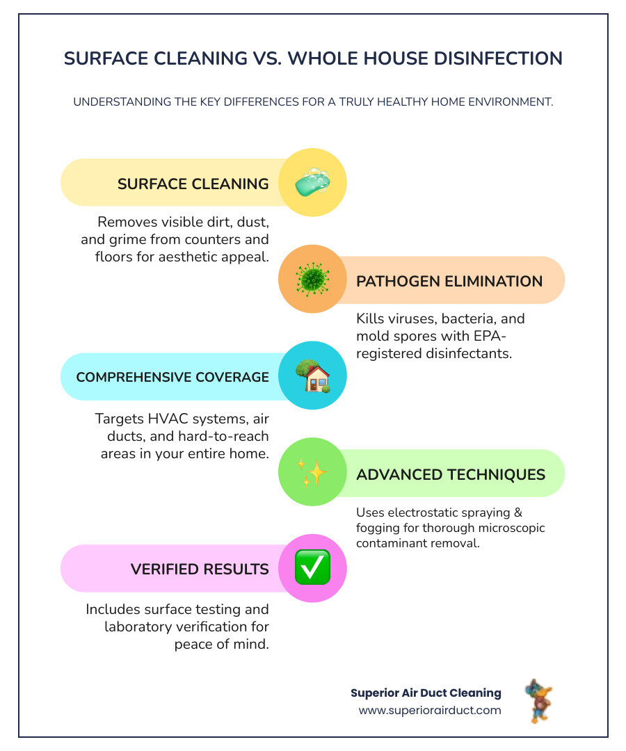 infographic showing the difference between surface cleaning and whole house disinfection, including surface cleaning removes visible dirt and dust from counters and floors, while whole house disinfection eliminates viruses and bacteria with EPA-registered products, targets HVAC systems and air ducts, uses electrostatic spraying for hard-to-reach areas, removes mold spores and allergens, and provides laboratory verification of results - best whole house disinfection services in youngstown, oh infographic infographic-line-5-steps-colors