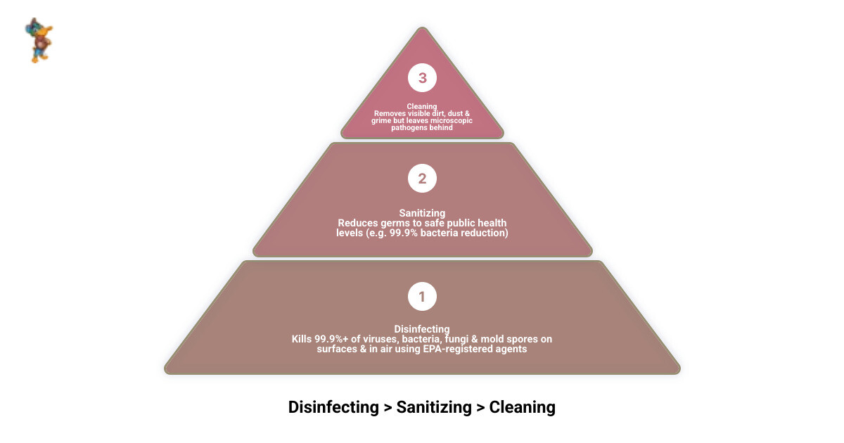 Infographic showing the difference between cleaning, sanitizing, and disinfecting with key stats - whole house disinfection
