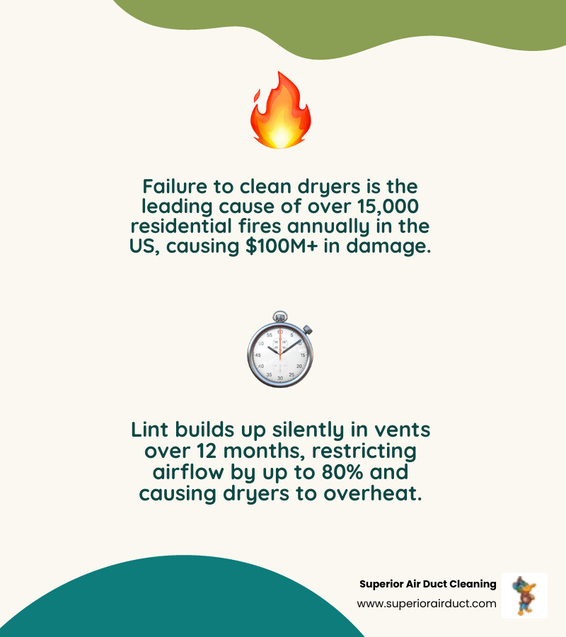Infographic showing dryer fire statistics, the leading causes of dryer fires including lint buildup and clogged vents, a timeline showing how lint accumulates over 12 months, warning signs of a dangerous dryer vent, and the key benefits of annual professional dryer vent cleaning for Boardman OH homeowners - best dryer vent cleaning services in boardman, oh infographic 2_facts_emoji_nature