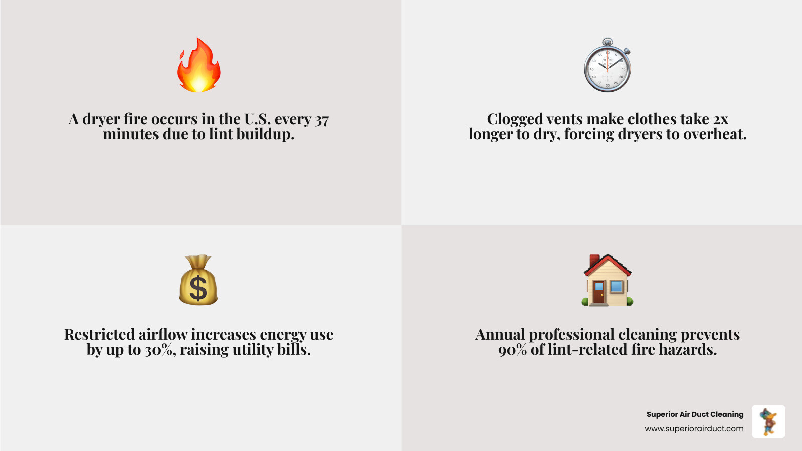 Infographic showing dryer fire statistics, lint flammability risk, and annual cleaning schedule for West Pittsburg