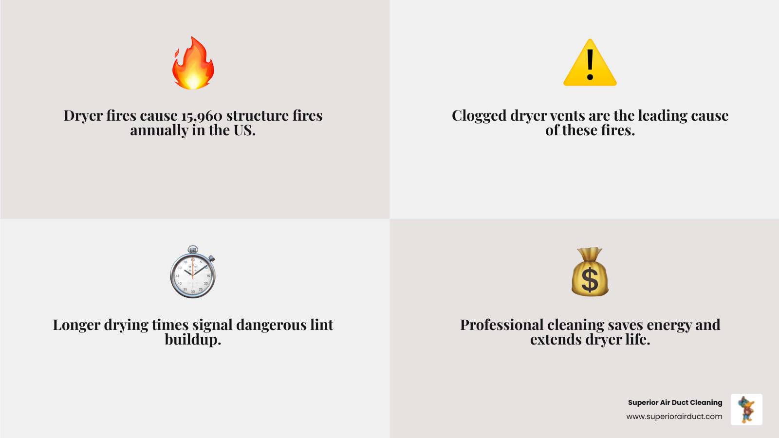 infographic showing dryer fire statistics: 15,960 structure fires annually from dryers and washers, clogged vents as the leading cause, warning signs including longer drying times and burning smells, benefits of professional cleaning including fire prevention and energy savings, and recommendation for annual professional maintenance - best dryer vent cleaning services in canton, oh infographic 4_facts_emoji_grey