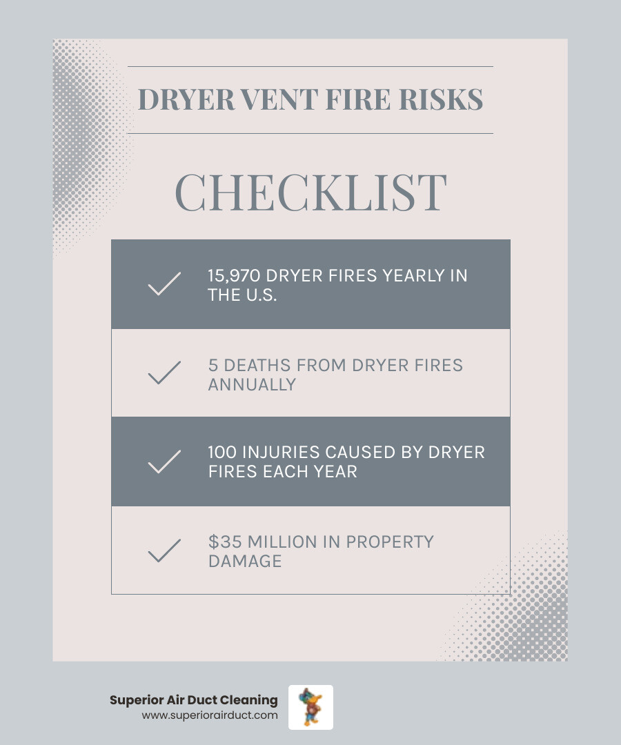 Infographic showing dryer fire statistics, warning signs, and cleaning frequency recommendations for Pittsburgh homeowners Infographic showing dryer fire statistics, warning signs, and cleaning frequency recommendations for Pittsburgh homeowners
