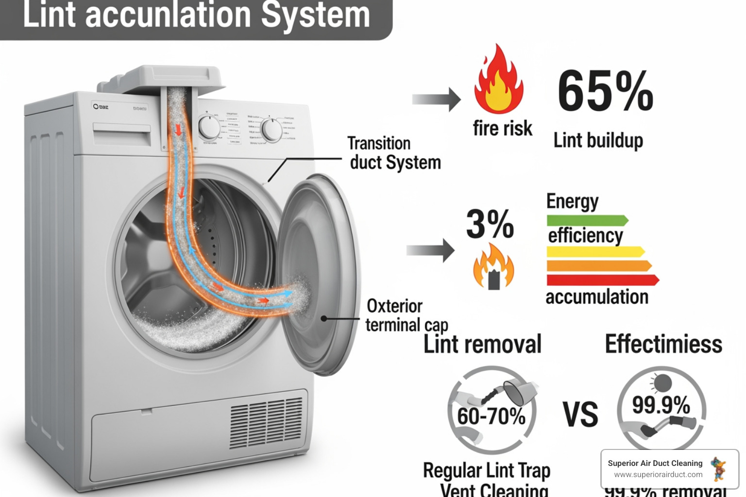 infographic showing how lint accumulates in dryer vents from the dryer drum through the transition duct and exhaust system to the exterior terminal, with statistics on fire risk, efficiency loss, and the difference between lint trap cleaning versus professional vent cleaning - best dryer vent cleaning services in cranberry township, pa infographic showing how lint accumulates in dryer vents from the dryer drum through the transition duct and exhaust system to the exterior terminal, with statistics on fire risk, efficiency loss, and the difference between lint trap cleaning versus professional vent cleaning - best dryer vent cleaning services in cranberry township, pa