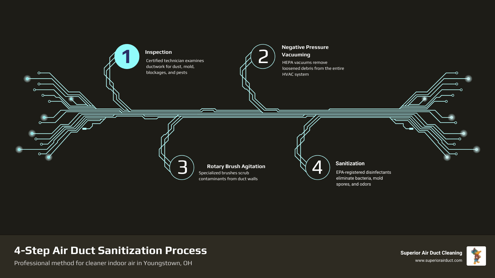 4-step air duct sanitization process infographic for Youngstown OH homeowners - air duct inspection and cleaning in