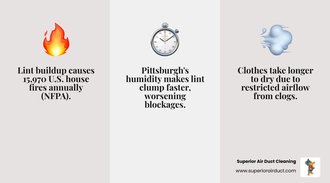 Infographic showing lint buildup dangers in dryer vents, fire risk stats, warning signs, and cleaning frequency tips