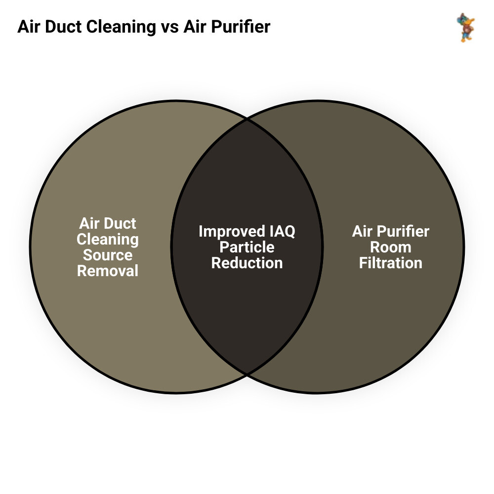 Infographic comparing air duct cleaning source removal vs air purifier room filtration for indoor air quality - air duct