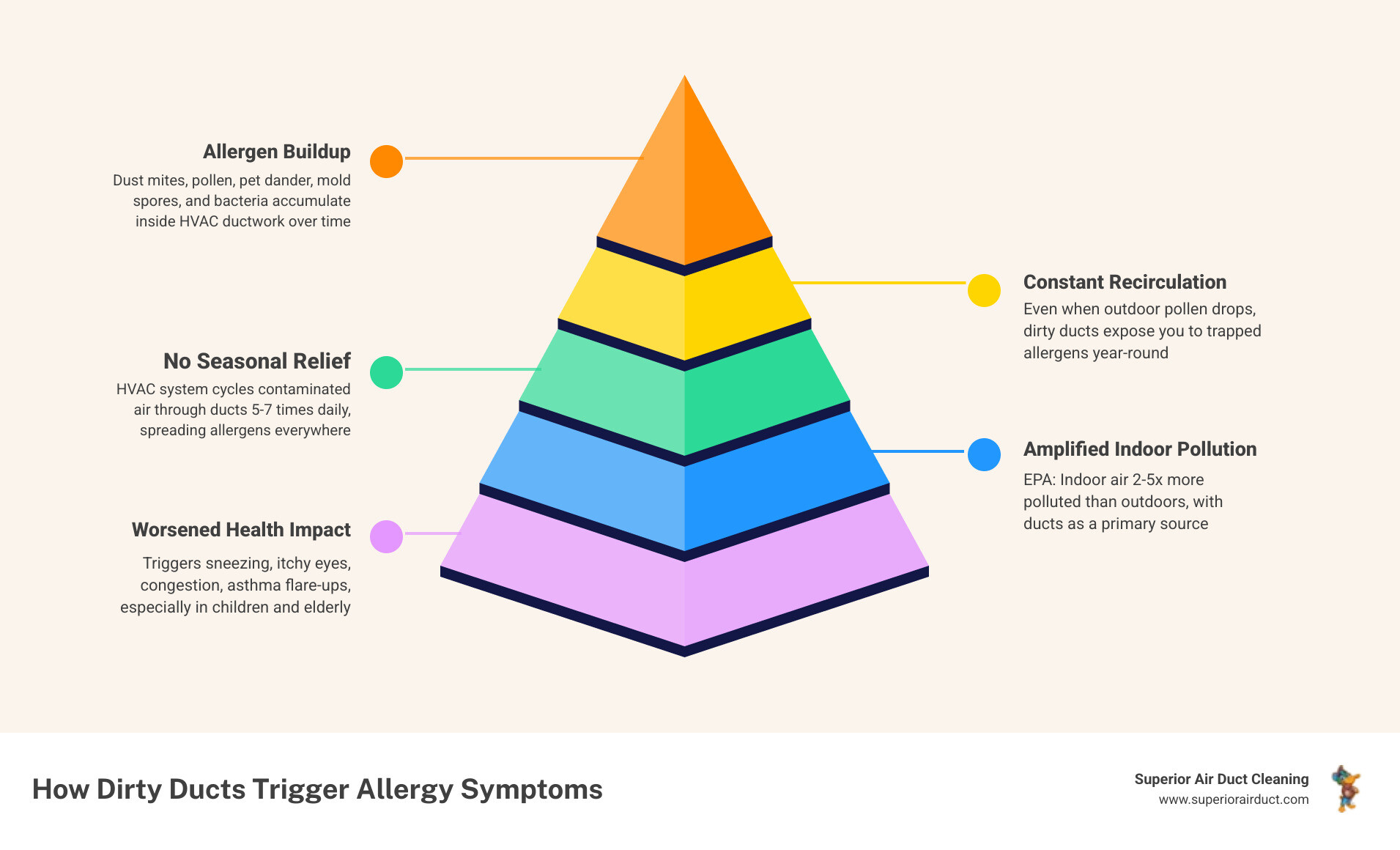 Infographic showing how allergens like dust mites, pet dander, mold spores, and pollen enter HVAC ducts and recirculate