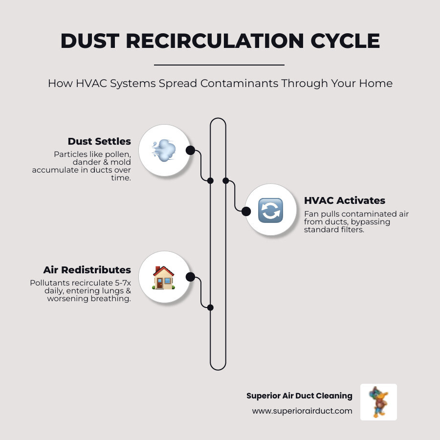 Infographic showing the cycle of dust and debris recirculating through HVAC ducts and affecting indoor air quality - how