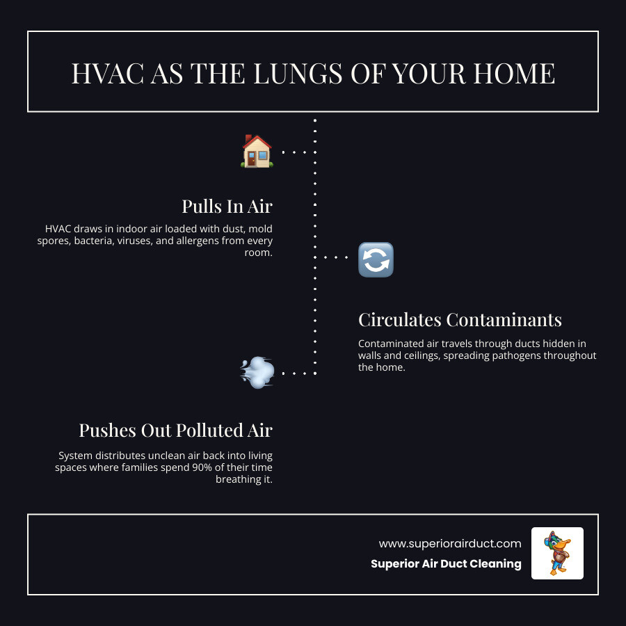 Infographic: HVAC system as the lungs of your home showing airflow, contaminant circulation, and disinfection steps - how Infographic: HVAC system as the lungs of your home showing airflow, contaminant circulation, and disinfection steps - how