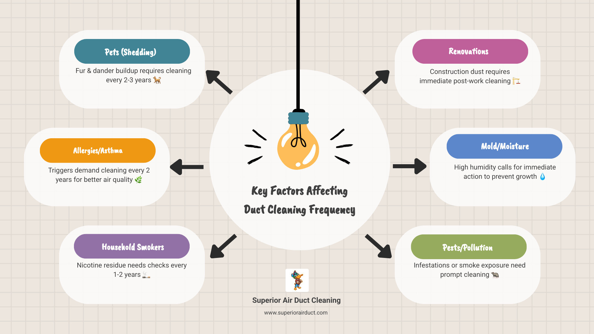 Infographic showing 3-5 year duct cleaning cycle, household triggers like pets and allergies, and environmental factors Infographic showing 3-5 year duct cleaning cycle, household triggers like pets and allergies, and environmental factors