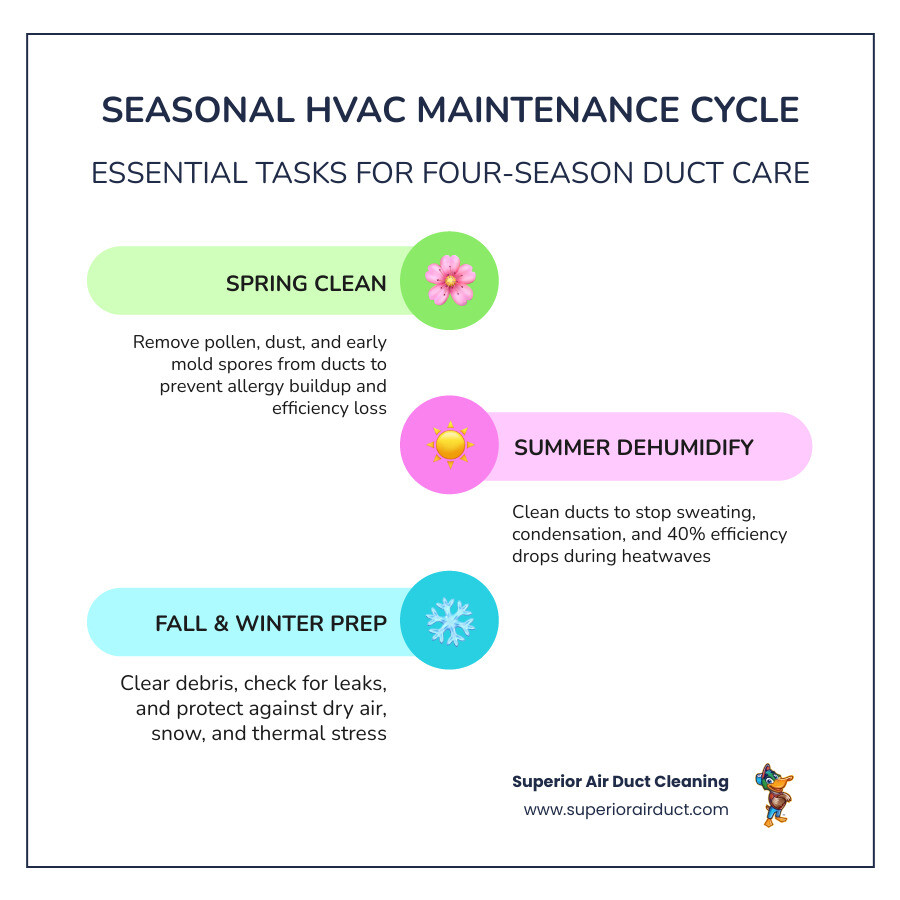 Seasonal HVAC maintenance cycle infographic showing spring, summer, fall, and winter duct care tasks - how four season Seasonal HVAC maintenance cycle infographic showing spring, summer, fall, and winter duct care tasks - how four season