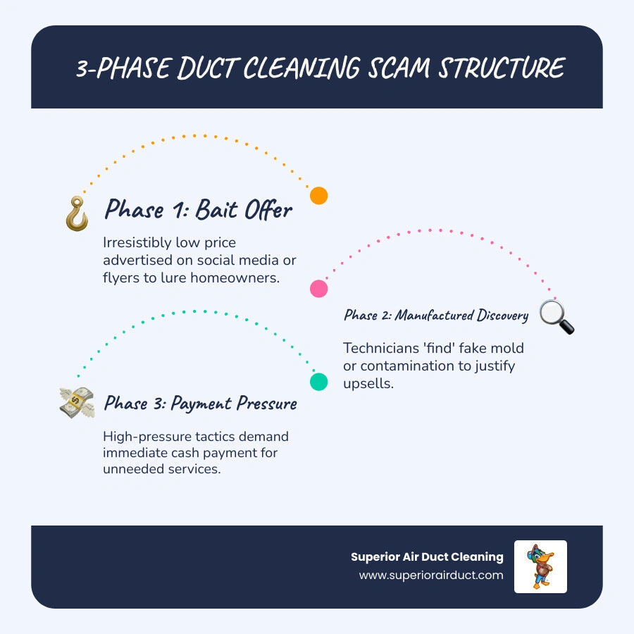 Infographic showing the 3-phase duct cleaning scam structure: bait offer, manufactured discovery, and payment pressure Infographic showing the 3-phase duct cleaning scam structure: bait offer, manufactured discovery, and payment pressure
