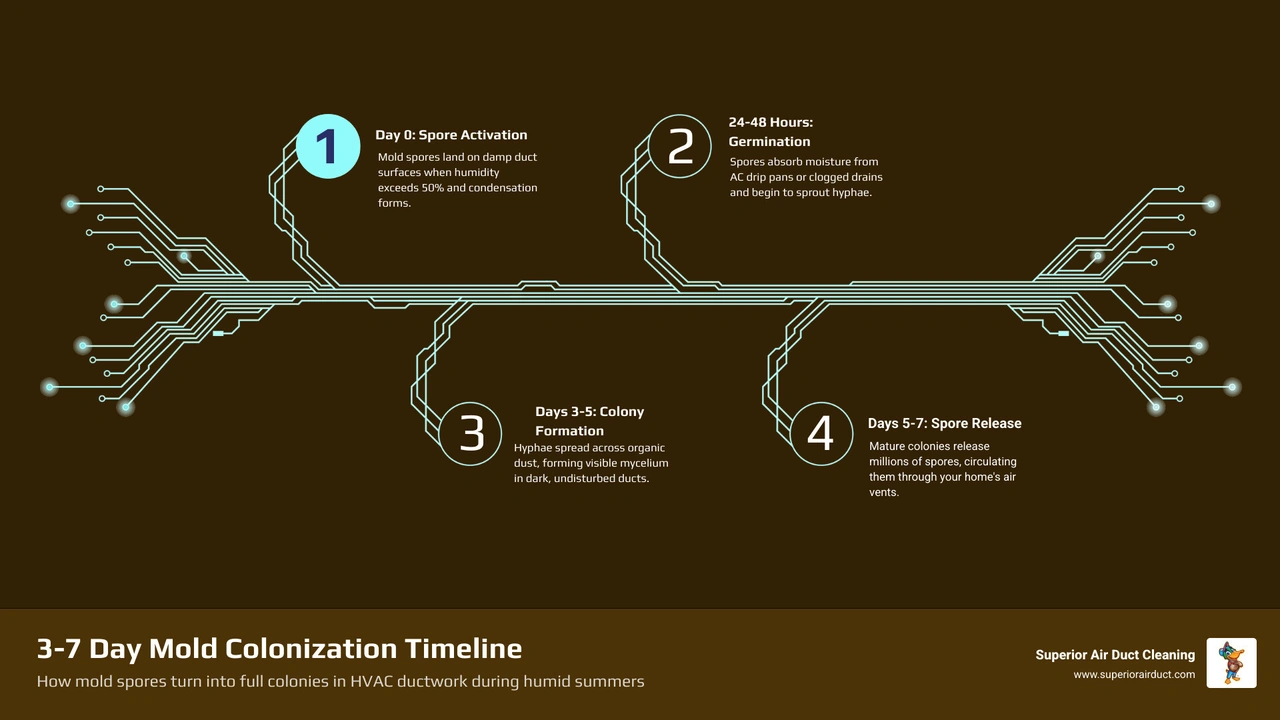 3-7 day mold colonization timeline in HVAC ductwork from spore activation to full colony spread - summer mold risk in your 3-7 day mold colonization timeline in HVAC ductwork from spore activation to full colony spread - summer mold risk in your