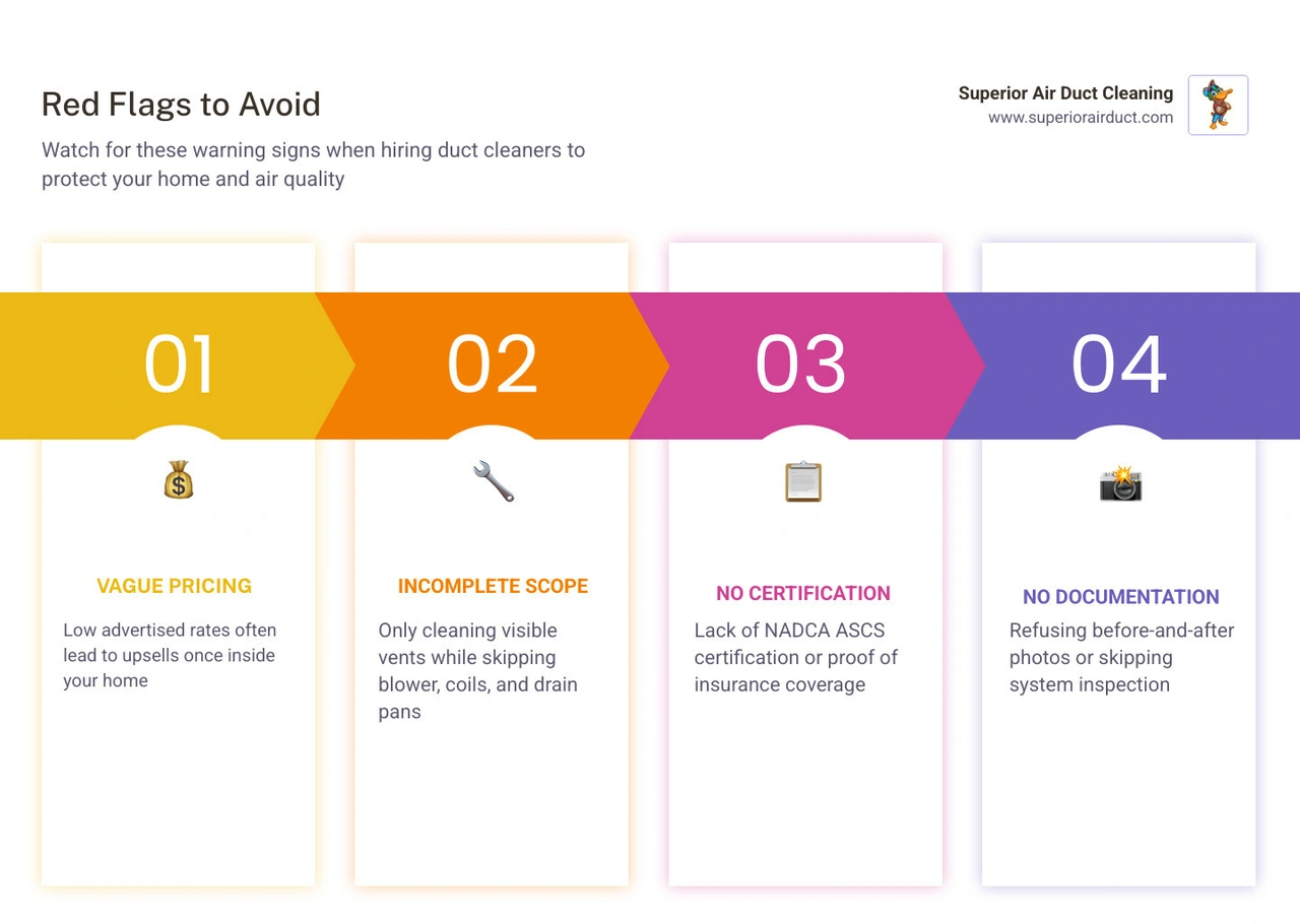 Infographic showing 12 questions to ask before hiring duct cleaners with key standards and red flags infographic