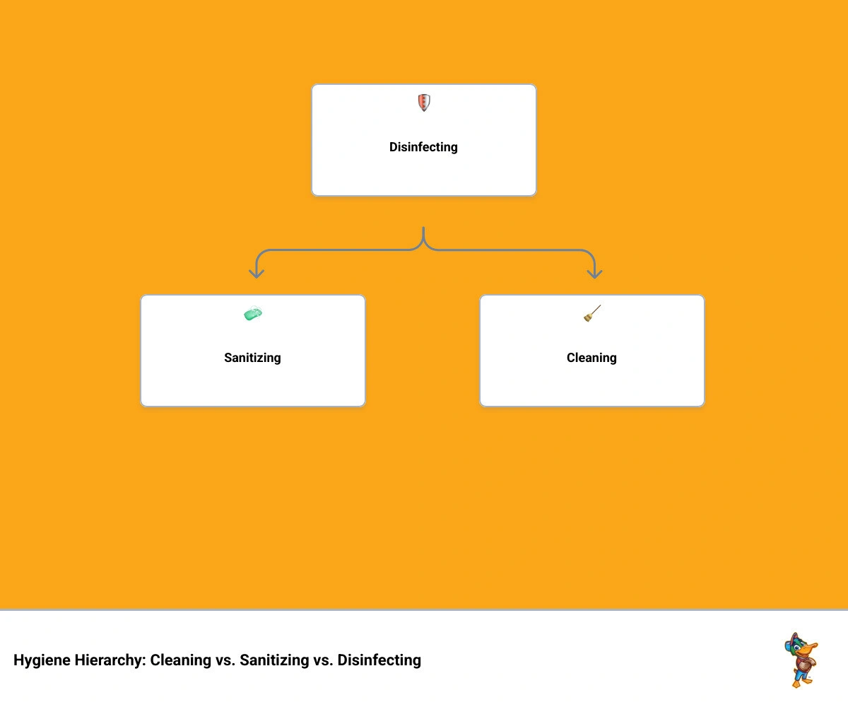 Infographic: hygiene hierarchy showing cleaning vs sanitizing vs disinfecting with when to use each - when to consider whole