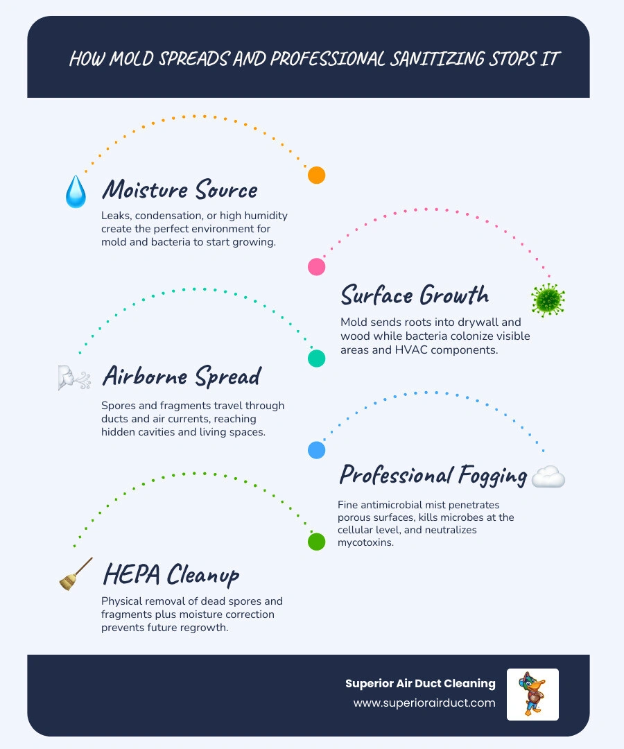Infographic showing how mold spreads through a home from moisture source to air ducts to living spaces and how professional Infographic showing how mold spreads through a home from moisture source to air ducts to living spaces and how professional