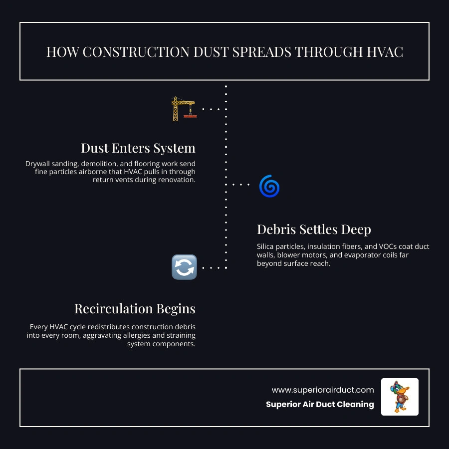 Infographic showing how construction dust spreads from renovation sites through return vents into HVAC ductwork and Infographic showing how construction dust spreads from renovation sites through return vents into HVAC ductwork and