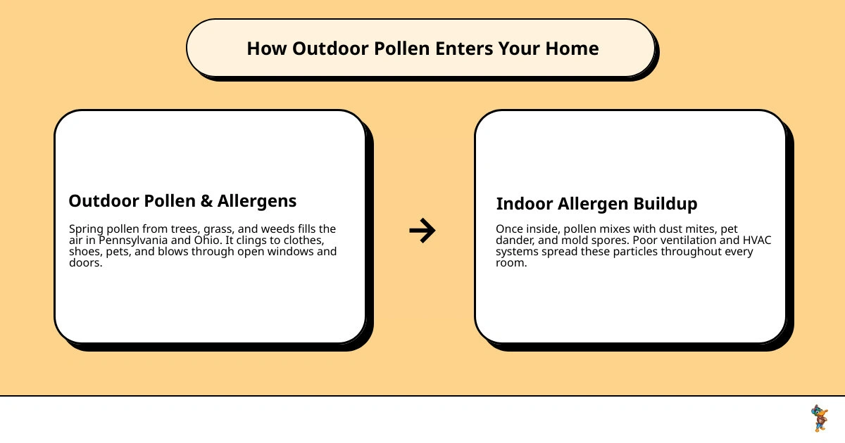Infographic showing how outdoor pollen enters a home through doors, windows, HVAC systems, and on clothing and pets Infographic showing how outdoor pollen enters a home through doors, windows, HVAC systems, and on clothing and pets